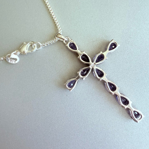 Faux Sapphire Blue CZ 925 Sterling Silver 2" Large Cross Pendant Necklace - Picture 7 of 8